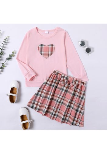 2-piece Kid Girl Heart Print Pink Long-sleeve Top and Bowknot Design Plaid Skirt Set