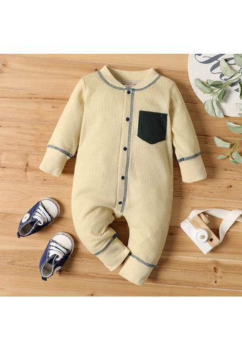 Baby Long-sleeve Snap-up Color Block Waffle Jumpsuit