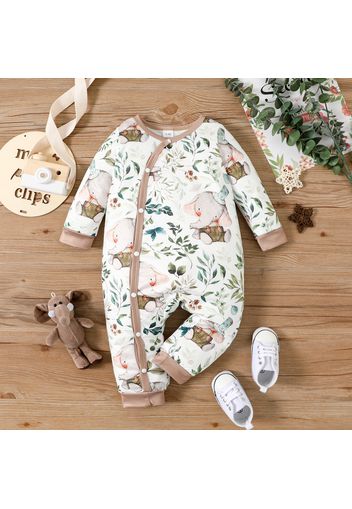 Baby Girl Cartoon Elephant and Leaves Print Long-sleeve Jumpsuit