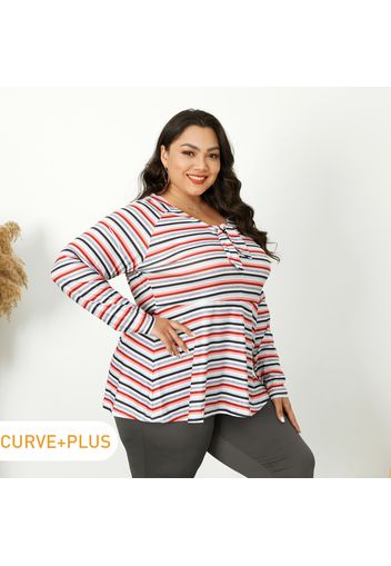 Women Plus Size Casual Stripe Bowknot Design Long-sleeve Tee