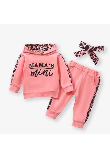 100% Cotton 3pcs Leopard and Letter Print Hooded Long-sleeve Baby Set