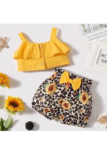 2pcs Baby Girl 100% Cotton Sleeveless Ruffle Crop Top and Sunflower Leopard Shorts Set