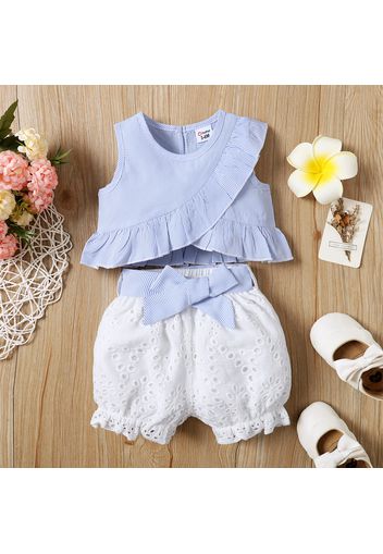 2pcs Baby Girl Ruffle Trim Tank Top and Belted Eyelet Embroidered Shorts Set