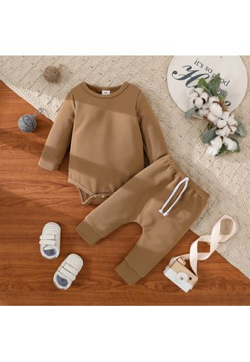 2pcs Baby Boy/Girl Solid Textured Long-sleeve Romper and Trousers Set