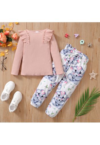 2-piece Toddler Girl Ruffled Long-sleeve Ribbed Pink Top and Belted Koala Print Paperbag Pants Set