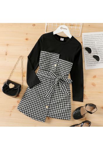 Kid Girl Houndstooth Button Design Belted Irregular Long-sleeve Dress