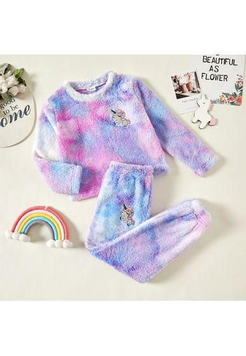 2-piece Kid Girl Unicorn Embroidered Tie Dye Fuzzy Pullover Sweatshirt and Pants Set