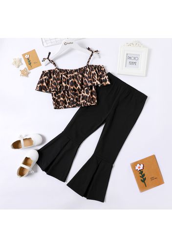 2-piece Kid Girl Leopard Print Off Shoulder Cami Top and Black Falred Pants Set