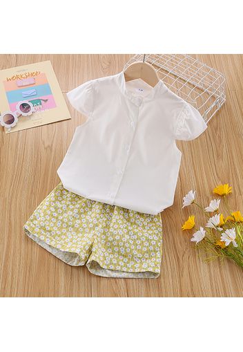 2pcs Toddler Girl Button Design Flutter-sleeve White Shirt and Floral Print Shorts Set