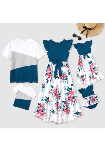 Family Matching Solid V Neck Flutter-sleeve Splicing Floral Print Dresses and Short-sleeve Colorblock T-shirts Sets