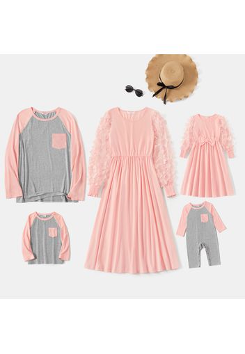 Solid Splice Long-sleeves Family Matching Pink Sets