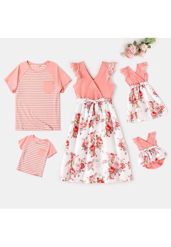 Family Matching Pink V Neck Lace Flutter-sleeve Splicing Floral Print Dresses and Short Raglan-sleeve Striped T-shirts Sets