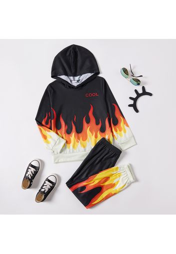 2-piece Kid Boy Letter Flame Print Hoodie Sweatshirt and Elasticized Pants Set