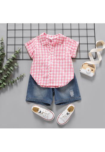 2pcs Toddler Boy Trendy Ripped Denim Shorts and Plaid Lapel Collar Shirt Set