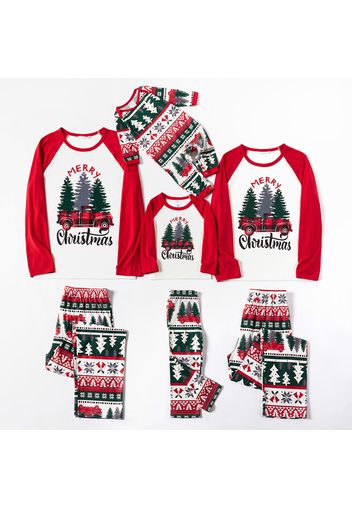 Christmas Tree Car and Letter Print Family Matching Red Raglan Long-sleeve Pajamas Sets (Flame Resistant)