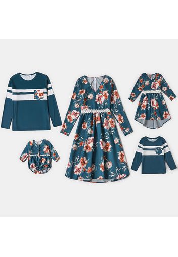 Family Matching All Over Floral Print V Neck Long-sleeve Dresses Splicing T-shirts Sets