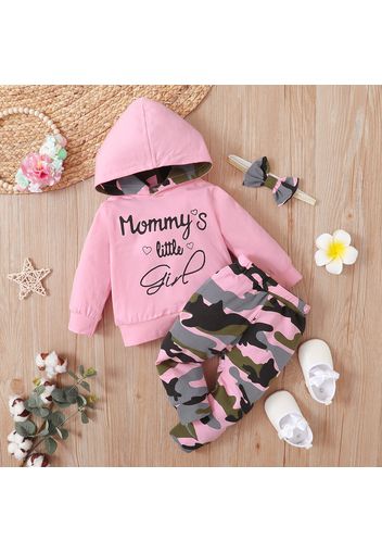 3pcs Baby Letter Print Long-sleeve Cotton Hoodie and Camouflage Trousers Set