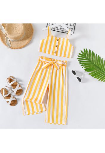 2-piece Kid Girl Stripe Button Design Camisole and Belted Paperbag Capri Pants Set