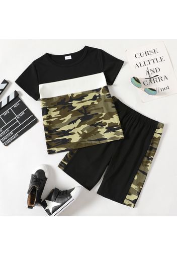 2-piece Kid Boy Camouflage Print Colorblock Tee and Elasticized Shorts Set