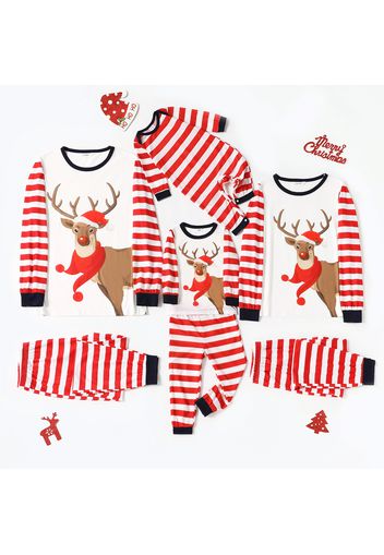 Christmas Reindeer and Stripe Print Long-sleeve Family Matching Pajamas Set (Flame Resistant)