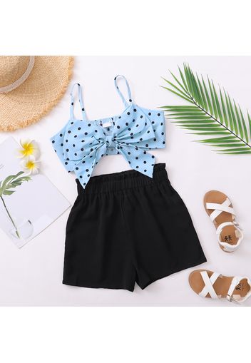 Beautiful Kid Girl Polka Dots Bowknot Decor Slip Top Solid Shorts 2pcs