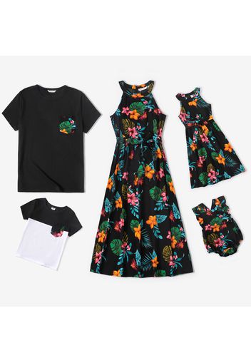 Family Matching Floral Print Black Halter Neck Sleeveless Maxi Dresses and Short-sleeve T-shirts Sets