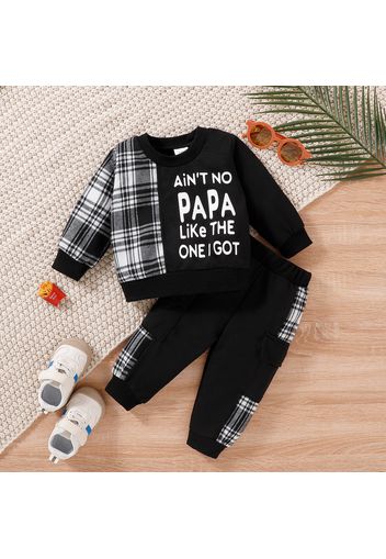 2pcs Baby Boy Letter Print Long-sleeve Plaid Spliced Sweatshirt and Sweatpants Set