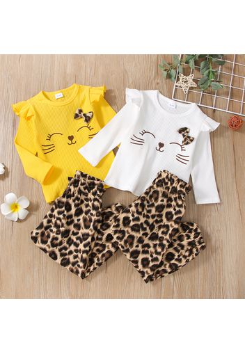 2-piece Toddler Girl Ruffled Cat Print Bowknot Design Long-sleeve Top and Leopard Print Paperbag Pants Set