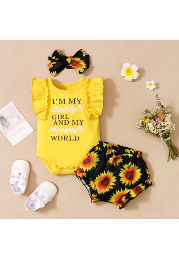 3pcs Letter and Floral Print Sleeveless Baby Set