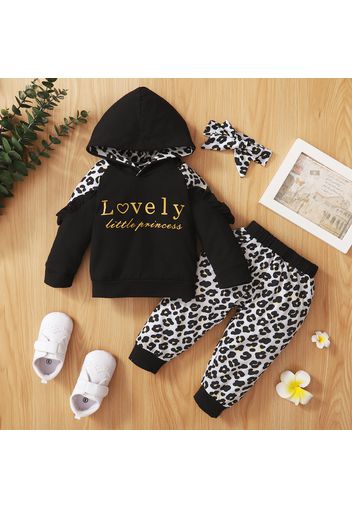 3pcs Letter and Leopard Print Splice Hooded Long-sleeve Baby Set