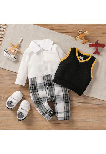 2pcs Baby Girl 100% Cotton Plaid Splicing Long-sleeve Shirt Jumpsuit and Waffle Vest Set