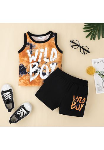 2pcs Baby Boy Tie-Dye Letter Print Sleeveless Tank Top and Shorts Set