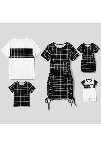 Family Matching Plaid Short-sleeve Drawstring Ruched Bodycon Dresses and T-shirts Sets