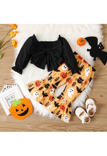 Halloween 2pcs Baby Girl Long-sleeve Bow Front Crop Top and Allover Print Flared Pants Set