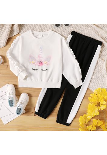 2-piece Kid Girl Unicorn Cartoon Print Ruffled White Pullover and Colorblock Pants Casual Set