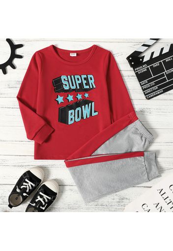 2-piece Kid Boy 3D Letter Stars Print Long-sleeve Top and Colorblock Pants Set