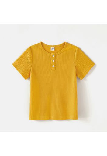 Kid Boy Solid Color Waffle Button Design Henley Shirt