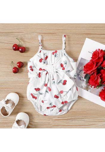 Baby Girl All Over Cherry Print Spaghetti Strap Bowknot Romper