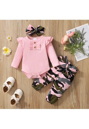 Ribbed 3pcs Camo Print Long-sleeve Baby Set