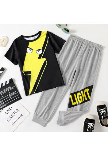 2-piece Kid Boy Lightning Print Short-sleeve Black Tee and Elasticized Letter Print Grey Pants Set