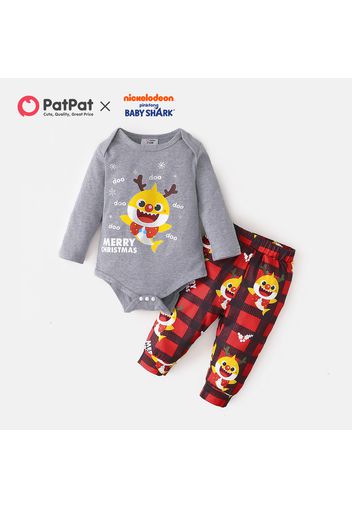 Baby Shark 2-piece Baby Boy Christmas Cotton Bodysuit and Plaid Pants Set