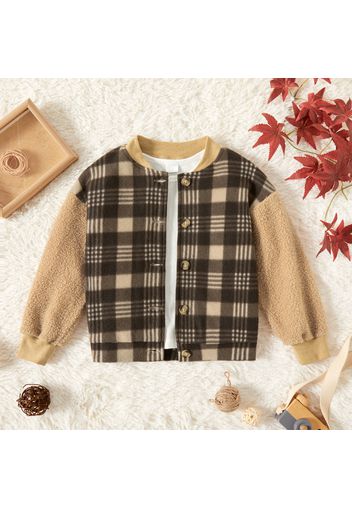 Kid Boy Plaid Colorblock Button Design Fuzzy Coat Jacket