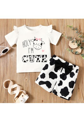 2pcs Toddler Girl Letter Cow Print Ruffled Short-sleeve White Tee and Bowknot Design Elasticized Shorts Set