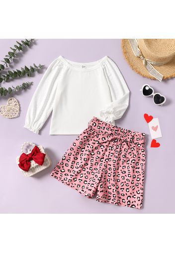 2-piece Kid Girl Schiffy Design Long-sleeve White Tee and Belted Leopard Print Pink Shorts Set