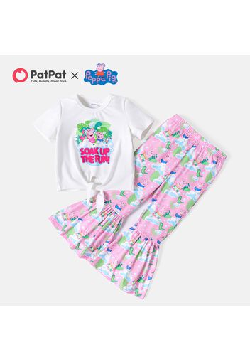 Peppa Pig Toddler Girl 2pcs Tie Knot Short-sleeve White Tee and Allover Print Flared Pants Set