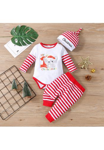 Christmas 3pcs Letters and Elephant Embroidered Red Striped Long-sleeve Cotton Romper Set