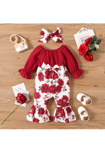 2pcs Baby Girl 100% Cotton Long-sleeve Solid Spliced Rose Floral Print Bow Front Bell Bottom Jumpsuit with Headband Set