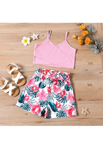 2-piece Kid Girl Solid Color Ribbed Camisole and Floral Print Shorts Set