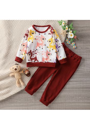 2-piece Toddler Girl Deer Print Waffle Textured Long-sleeve Top and Solid Color Pants Set