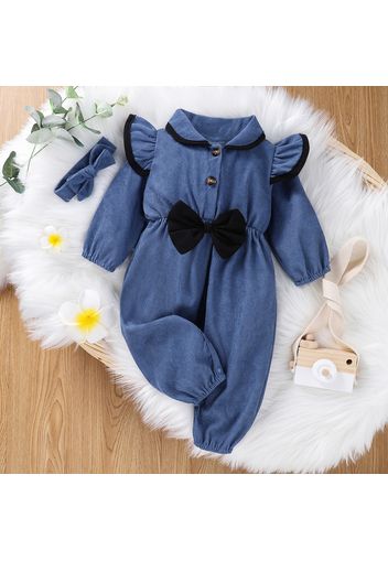 2pcs Baby Solid Lapel Long-sleeve Ruffle Bowknot Jumpsuit Set